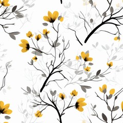 Watercolor seamless pattern with yellow flowers. White background, yellow flowers with black and gray branches, seamless pattern wallpaper.