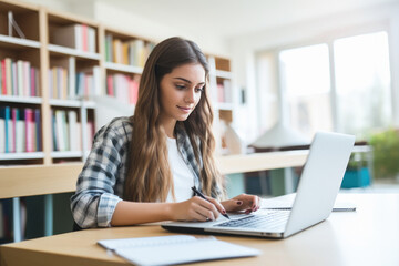 college girl using laptop at library - Powered by Adobe