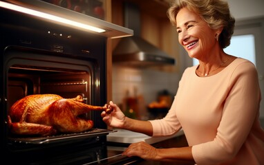 Fototapeta na wymiar Woman Confidently Checking Roast in Oven