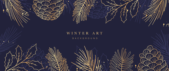 Winter night festival background vector illustration. Luxury pinecone, pine leaves, holly, glitter gold texture on navy blue background. Design for poster, wallpaper, banner, card, decoration.