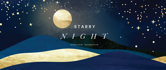 Winter night background vector. Hand painted watercolor and gold brush texture, mountain, hill, moon, twinkling stars. Abstract art design for wallpaper, wall art, cover, banner, decoration. © TWINS DESIGN STUDIO