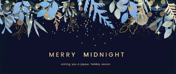 Fototapeta na wymiar Winter night background vector. Hand painted watercolor and gold brush texture, foliage, pine leaves, glitter, twinkling stars. Abstract art design for wallpaper, wall art, cover, banner.