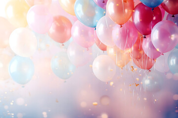 birthday party balloons, colourful balloons background and birthday cake with candles - Powered by Adobe