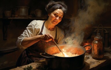 Culinary Skill Seasoned Lady Tends to Homemade Pot