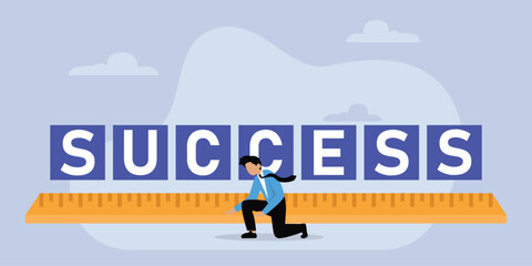 Businessman measuring success word using a ruler 2d flat vector illustration