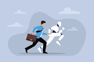 business man and robot running artificial intelligence technology competition 2d flat vector illustration