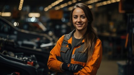 young woman auto mechanic on the background of a car repair shop - obrazy, fototapety, plakaty