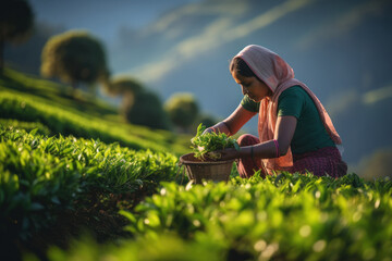 Female labor working at tea field - Powered by Adobe