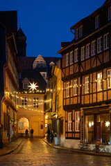Quedlinburg in Germany. Christmas lights in the historic streets.