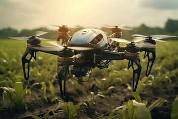 Drone Spraying Water in Farms, fertilizer or chemical Spray, Smart agriculture farming Concept, Flying Drone