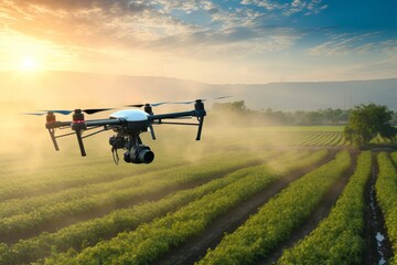Drone Spraying Water in Farms, fertilizer or chemical Spray, Smart agriculture farming Concept,...