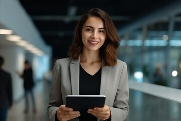 Obraz na płótnie Canvas Portrait of a beautiful businesswoman using tablet computer in modern office