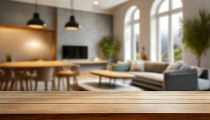 Fototapeta na wymiar Empty wooden table, living room interior on blurred background 