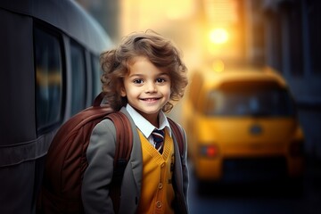 Cute kid smiling and wearing school bag, School Bus In Background, back to school