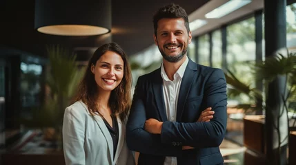 Foto op Plexiglas A pair of business partners smiling and posing in front of a boardroom, reflecting the strength and unity of their partnership © LaxmiOwl