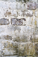 The texture of an old dirty wall. Vertical image. Wall with masonry and plaster.