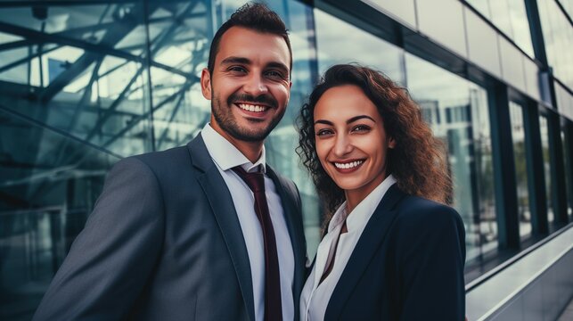 Business partners smiling and posing in front of a modern glass office building, symbolizing success and collaboration