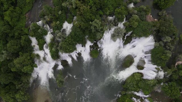 Bosnian summer landscape with waterfalls, many water flows kravica waterfall drone view