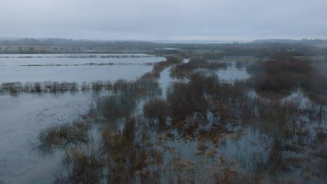 Aerial establishing view of high water, Durbe river (Latvia) flood, brown and muddy water, agricultural fields under the water, overcast winter day with light snow, wide drone shot moving forward low