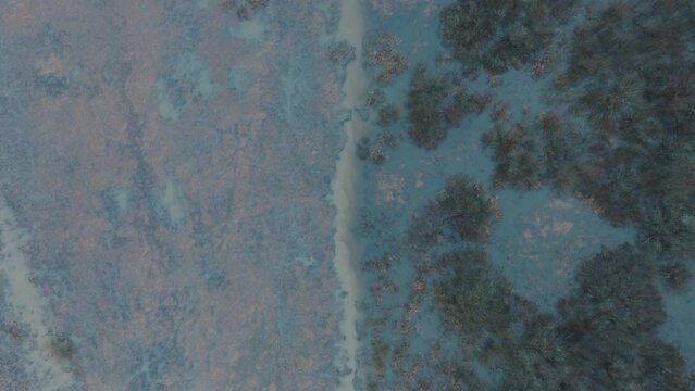 Aerial establishing view of high water, Durbe river (Latvia) flood, brown and muddy water, agricultural fields under the water, overcast winter day with light snow, birdseye drone shot moving forward