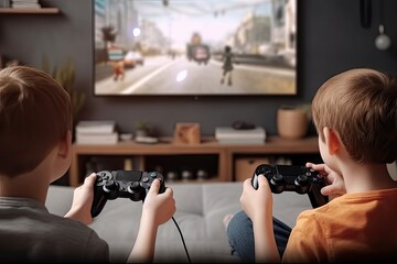 Gaming living room concept Two boys holding gamepad play console game TV