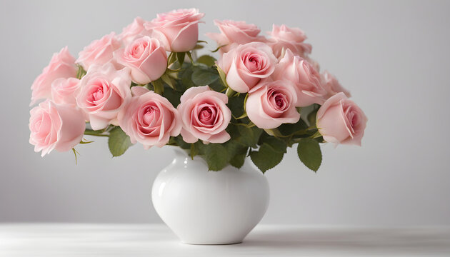 bouquet of pink roses in ceramic white vase on white background