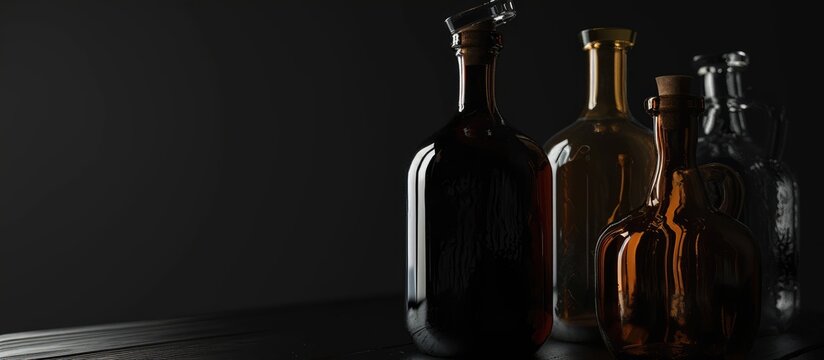 Dark glass bottles without labels, mock-ups, on a black background, with copied images.