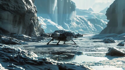 Small spaceship landing on an ice surface. Icy and frozen alien planet. human space exploration and discovery concept. Colonizing the galaxy.