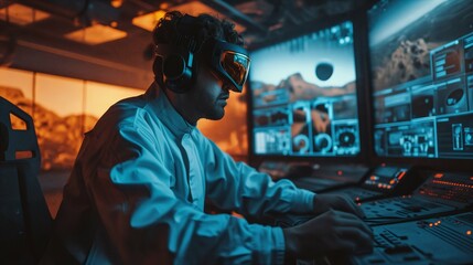 Obraz premium Astronaut in futuristic spacesuit with virtual reality headset sitting at control panel. Virtual reality simulation and gaming. Sci-fi technology concept. Space exploration, starship bridge, artificia