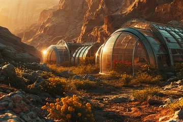 Poster Futuristic living complex with glass domes in desert mountains landscape. Mars colonization. Modern architecture and nature concept. Space exploration concept © dreamdes