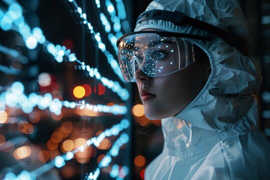 Futuristic scientist in protective suit and goggles looking futuristic screen, and night city lights. Sci-fi biotechnology researcher. Genetic engineer. AI and human future concept, cyberpunk 