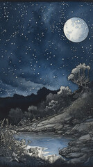 Generative AI, Moonlit Sky Illustration