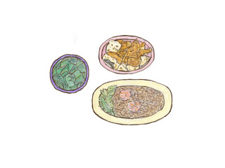 わかめポン酢とガーリックポテトとガーリックライス