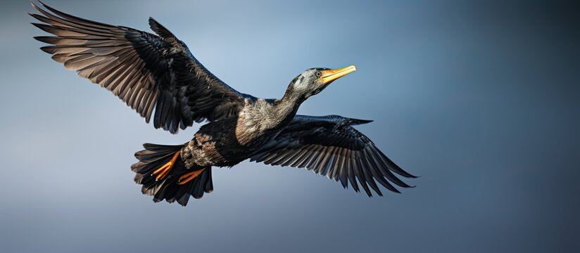 Bird in flight, cormorant soaring high.