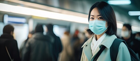 Fototapeta na wymiar Asian woman wearing surgical mask walking in crowded airport/train station during work commute to hospital amidst coronavirus.