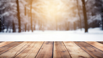Empty wooden table blurred winter background