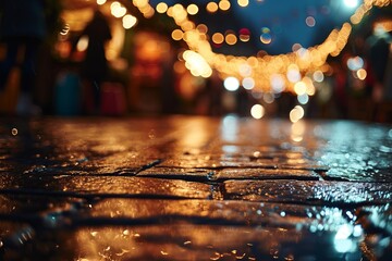 After the rain at the Christmas market: Glistening wet street stones under the night sky, adorned with enchanting bokeh lights in the background generative ai - obrazy, fototapety, plakaty