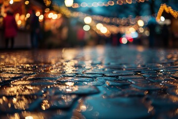 After the rain at the Christmas market: Glistening wet street stones under the night sky, adorned with enchanting bokeh lights in the background generative ai - obrazy, fototapety, plakaty