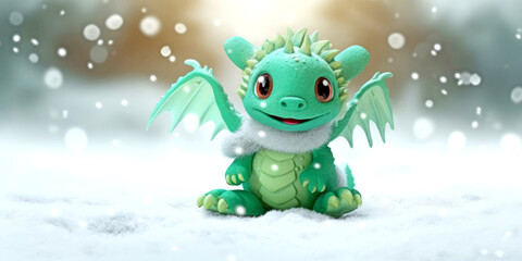 Winter season greeting banner, snowy landscape, empty banner background, green baby dragon