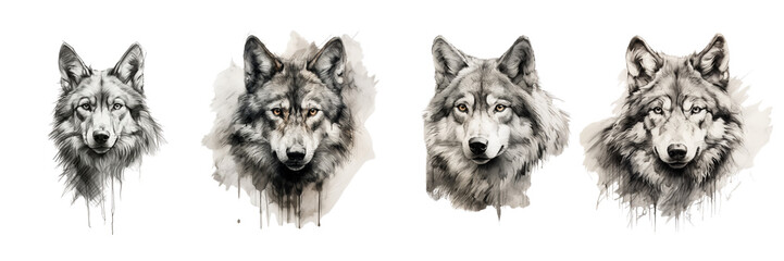 Set of sketch of a wolf in the style of Pencil on a transparent background