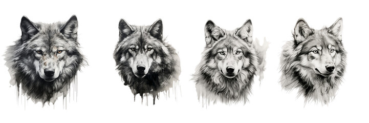 Set of sketch of a wolf in the style of Pencil on a transparent background