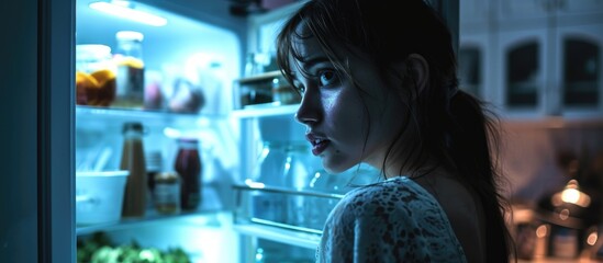 Empty fridge leaves girl surprised in kitchen. No food. - obrazy, fototapety, plakaty