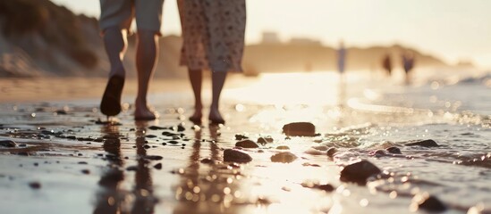 Elderly couple strolling on a sunny beach, close-up.