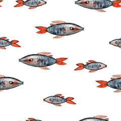 Watercolor drawing seamless pattern from fish with red fins in different sizes on white background, Hand drawn for postcards, photoframes, wrapping paper, textile printing, banner, flyers