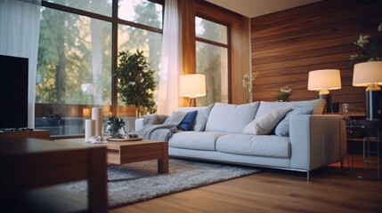 Living room corner at home Pillows are on the leather sofa in the living room, which has a simple style with a modern comfortable interior