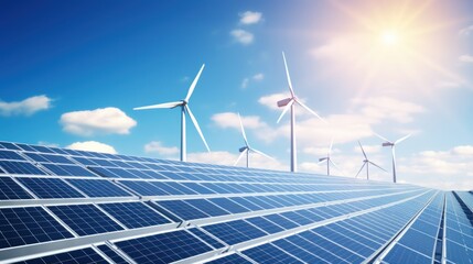 Solar panels and wind turbines produce electricity. Electric power station and renewable green energy with blue sky background Ecological energy concept