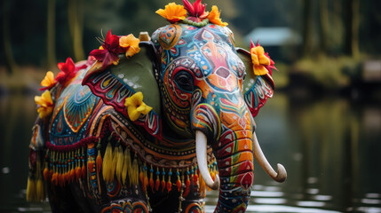 Fototapeta na wymiar a beautiful large Indian elephant, decorated with multi-colored patterns, stands in the river, sacred animal, India, ornament, religious tradition, floral decor, paint, nature, trunk, ears, mammal