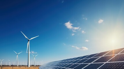 Solar panels and wind turbines produce electricity. Electric power station and renewable green energy with blue sky background Ecological energy concept