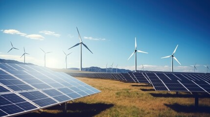 Solar panels and wind turbines produce electricity. Electric power station and renewable green energy with blue sky background Ecological energy concept