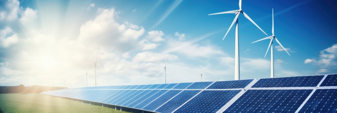 Solar panels and wind turbines produce electricity. Electric power station and renewable green energy with blue sky background Ecological energy concept